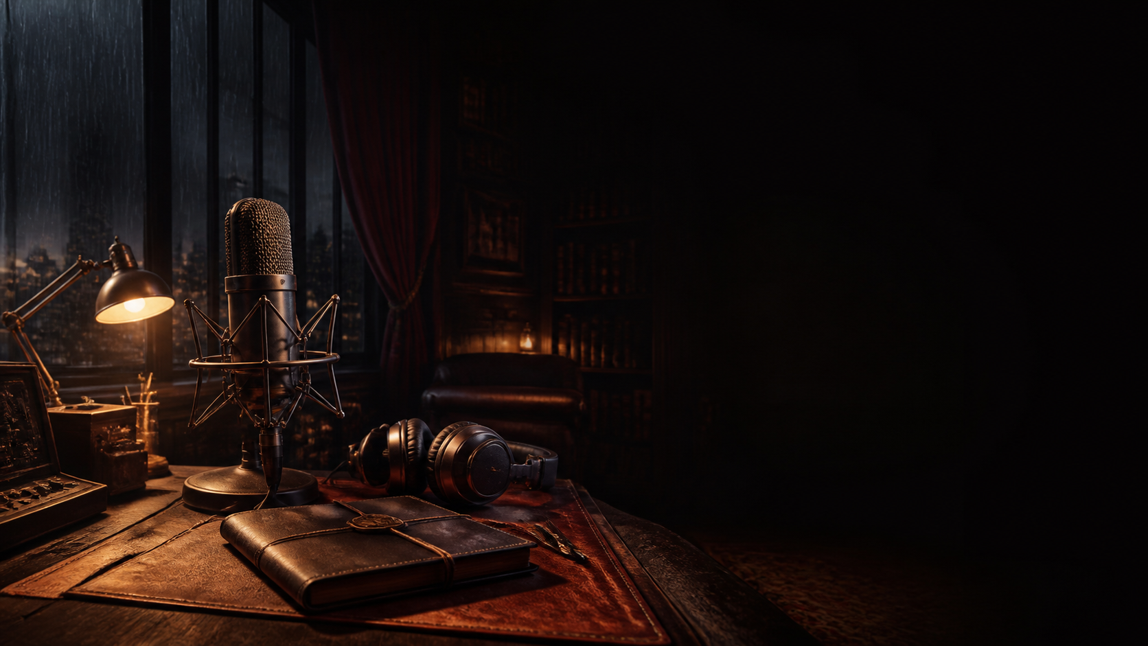 A midnight audiobook studio prepared for a short maintenance intermission